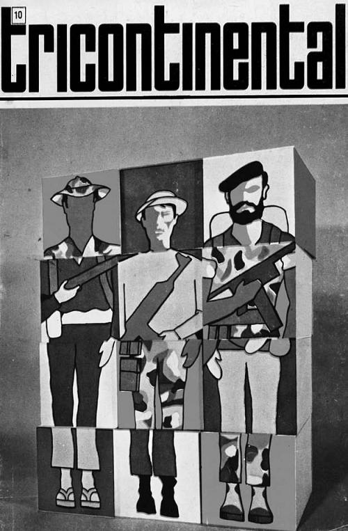 Sur la couverture du numéro de la revue tricontinentale, on voit trois personnes reconstituées de morceaux de différentes personnes issues visiblement de différents continents, avec des fusils dans les mais et des chapeaux sur la tête.