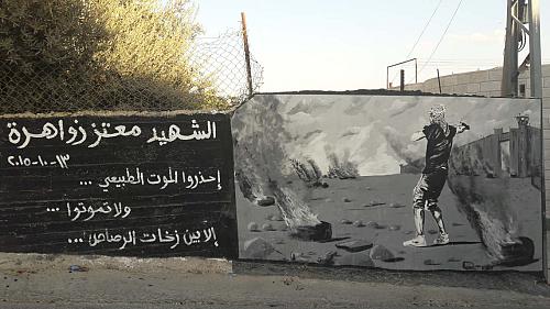 Sur le mur on voit à gauche des inscriptions en arabes (lettres blanches sur fond noir) et à droite, une peinture en noire et blanc d'un jeune homme de dos, portant un keffieh sur la tête, au milieu de ce qui semble être un champ de ruines et d'incendies.