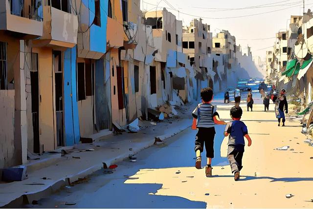 Des passant·es (des enfants au premier plan) dans une rue ravagée par la guerre.